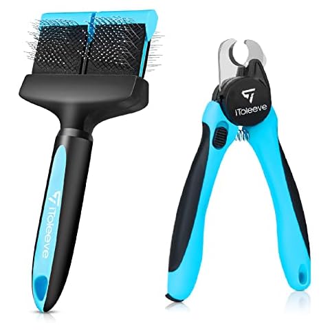 iToleeve Professional LED Dog Nail Clipper + Dual Flexible Slicker Brush, Nail Clipper with Light and Safety Guard, Illuminates Dogs Nails, Dog Brush for Long Hair, Gently Removes Undercoat, Tangles Cover