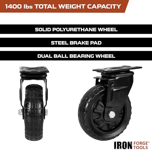 Image of Iron Forge Tools Heavy Duty Swivel Knobby Casters Set of 4, 6 inch Height, 5 inch Diameter, Solid PU Knobby Tread Heavy Duty Wheels, Swiveling Bases, Two Casters with Brakes, Two Without, Black & Black