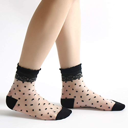 Cityelf 5 Pairs Ultra Thin Summer Socks Women Transparent Lace Elastic Silk Stockings Sheer Short Anklets (One Size Fits All, Polka Dot) #TOP3