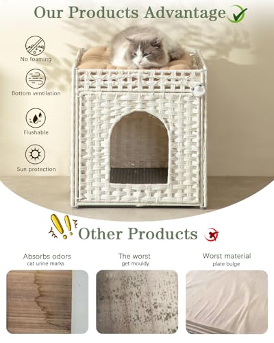 Image of SETVSON Cat Litter Box Enclosure Furniture, Hidden PE Rattan, White | PE Rattan Kitty House with Top Fence, Fits Standard Litter Box, Included Litter Mat, 2 S-Hooks, Sturdy Metal Frame