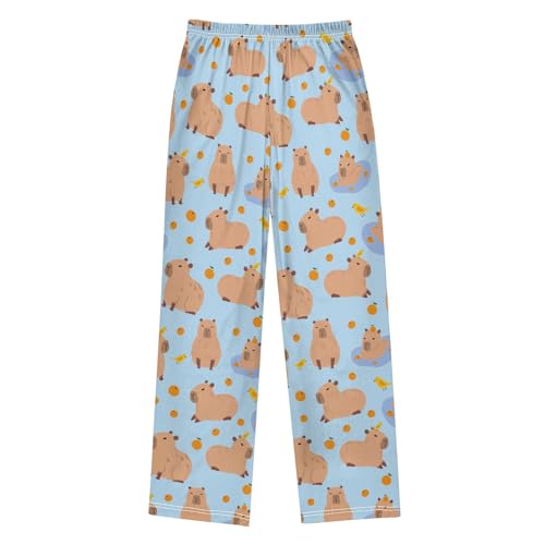 Cute Capybara with Birds Blue Pajama Pants Lounge Sleep Pants Elastic Waist Long Pajama Bottoms with Pockets for 6-14 Years2