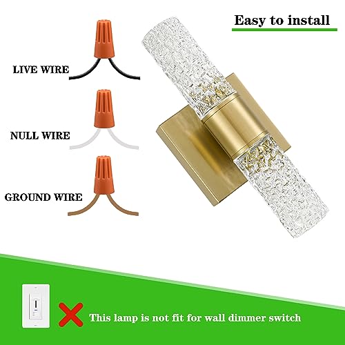 Image of Crystal LED Wall Sconces Set of 2, Brushed Gold Bathroom Light Fixtures, Modern Bathroom Sconce Lights with Wired LED for Bedroom,Living Room,Hallway | Gold Vanity Wall Lighting & Crystal Wall Decor