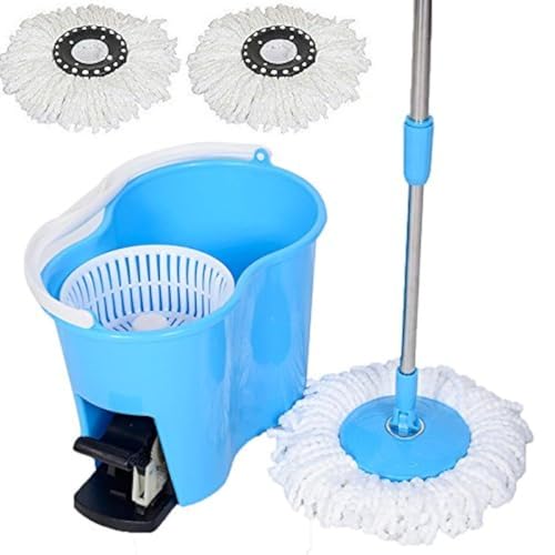 Felji Microfiber Spin Mop Easy Floor Mop w/Bucket w/Pedal & 2 Heads Blue