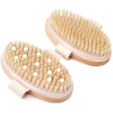 2 Pack Dry Brushing Body Brush, Natural Bristle Dry Brush, Exfoliating Body Brush for Lymphatic Drainage, Cellulite Brush for Full Body, Improving Skin Health and Reduces Acne Cover