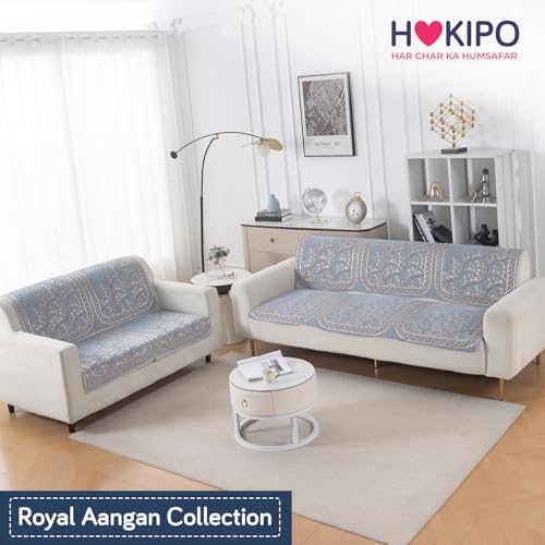 Image of HOKIPO Neel Baari Premium Chenille Jacquard Sofa Cover 3 Seater and 2 Seater Set - 5 Seater Sofa Cover (3+2) for Seat & Back | 'Royal Aangan Series' (IN-1008-L3*2 + IN-1007-L3*2)