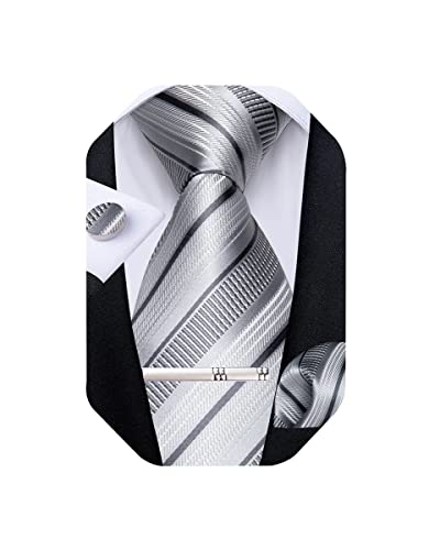 Image of DiBanGu Mens Striped Tie Silk Woven Necktie and Pocket Square Cufflinks Tie Clip Set Wedding Business Formal Gift Tie for Men