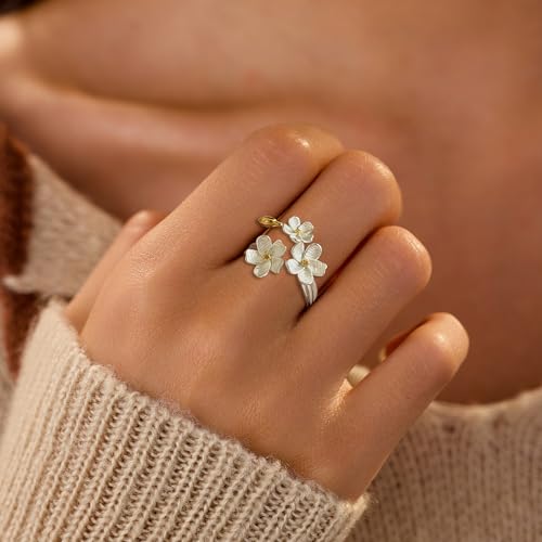 LOVECOM 925 Sterling Silver Flower Rings for Women Dainty 14k Gold Plated Adjustable Open Three Floral Statement Ring Non Tarnish Trendy Promise Ring Jewelry Birthday Gifts for Mom Daughter2