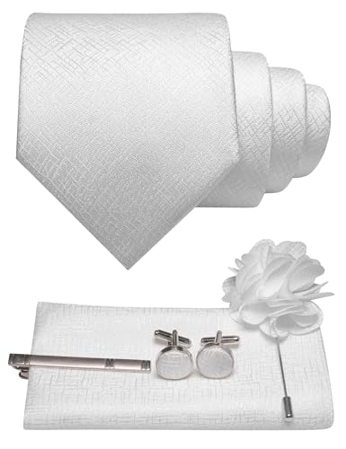 JEMYGINS Mens White Tie Necktie and Pocket Square with Lapel Pin Cufflinks Tie Clip Sets 5PCS(12)