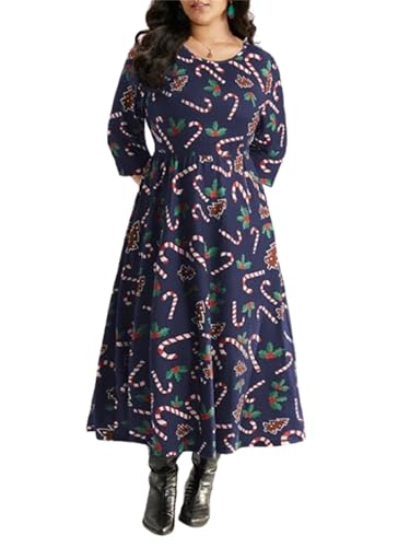 Weihnachtskleider in Übergröße für Damen, Weihnachtsmann, süßer Zuckerstangen-Druck, langärmelig, Partykleid, A-Linie, blau, 3XL