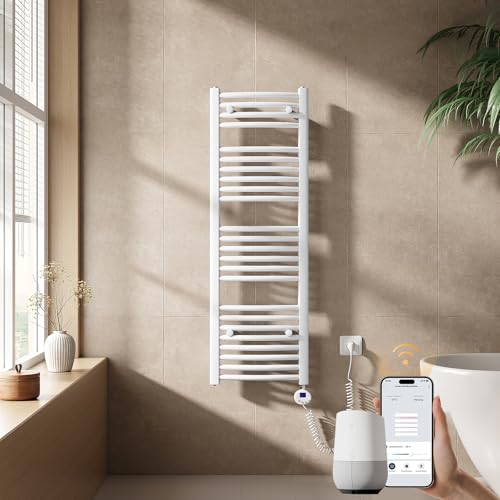 EMKE WiFi Handtuchheizkörper Elektrisch 1200x400 mm - Gebogen Badheizkörper Elektrisch, Elektrischer Handtuchwärmer Handtuchtrockner Handtuch Heizkörper Bad mit Thermostat und Heizstab - 500W, Weiß