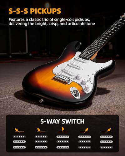 Image of LEKATO Beginner Electric Guitar Kit 39 Inch Full Size Solid Body Guitar SSS for Starter Roasted Maple Neck Stainless Steel Frets, 5w Plug-in Amp, Bag, Tuner, Capo, Strap, Picks, String, Cable-Sunburst
