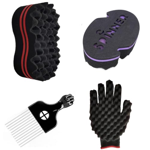Hair Sponge Set 4 Pcs Big and Small Hole Hair Brushes Curl Coil Wave Hair Sponge Brush with 6.7 Inch Metal Styling Comb And A Glove for Curls and Updo Styling- Home and Barber