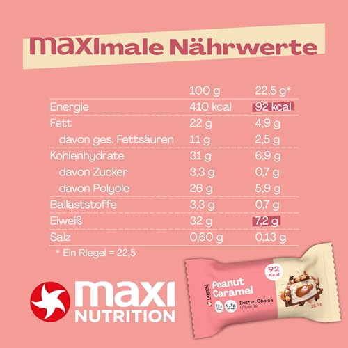MaxiNutrition Better Choice Protein Bar Peanut Caramel, 15x 22,5g, 32% Eiweißgehalt, mit wenig Kalorien, Proteinriegel ideal für den Muskelaufbau
