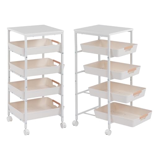 Dreamhaven ‌ Carrito De Cocina De 4 Niveles Con Ruedas Bloqueables, Estante De Cocina Con Ruedas, Organizador De Almacenamiento De Metal Resistente Para Cocina, Baño Y Oficina, Fácil De Montar, Blanco