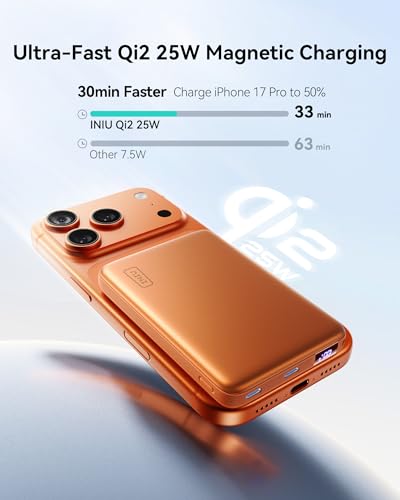 Image of INIU Slimmest Power Bank for MagSafe, 10000mAh Qi2.2 Certified 25W Wireless & 45W Wired USB C Fast Charging Portable Charger, Flight-Safe Travel Phone Magnetic Battery Pack for iPhone etc, Orange