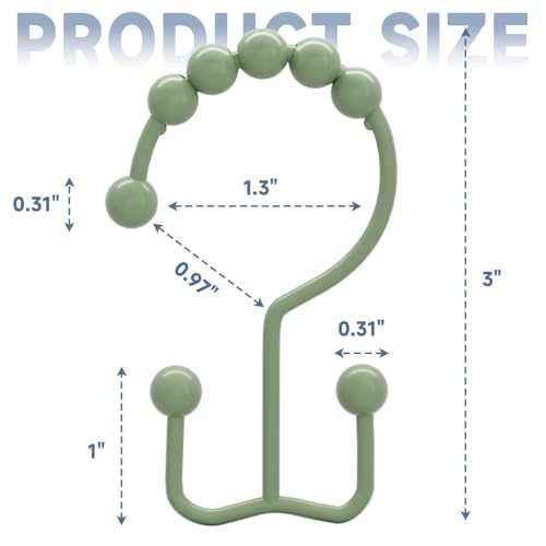 Image of Titanker Shower Curtain Hooks Rings, Rust-Resistant Metal Double Glide Shower Hooks for Bathroom Shower Rods Curtains, Set of 12 Hooks - Sage Green