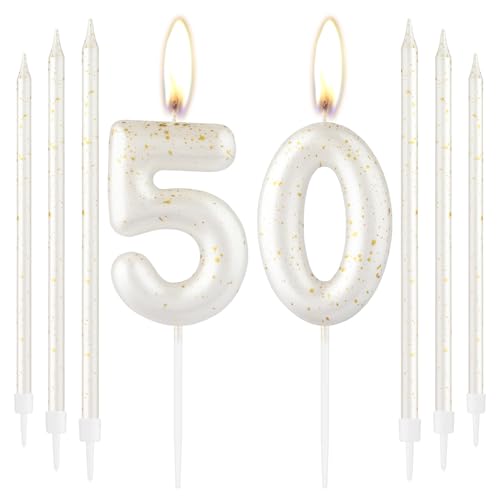 iNINGER White Gold Glitter Number 50 Birthday Candles with 6 Thin Long Cake Candles,Pearl Digit Candle for 50th Anniversary Party Cake Decorations