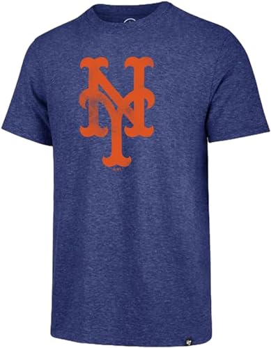 47 MLB Men's Distressed Imprint Match Team Color Primary Logo Word Mark T-Shirt (New York Mets Blue, Large)