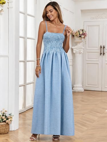 Image of Women Detachable Strap Beach Dress Strapless Smocked Pockets Maxi Dress | Removable Straps Flowy Swing A Line Maxi Beach Dress Boho Vacation Casual Smocked Strapless Beach Wedding Guest Sundress