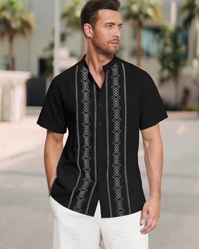 Cuban Guayabera Shirts for Men Short Sleeve Casual Button Down Shirt Band Collar Beach Camp Mexican Shirt4