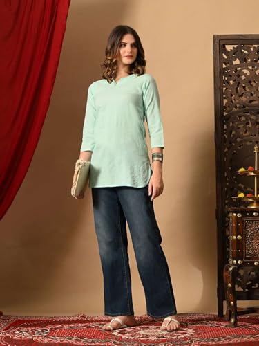 Image of Amazon Brand - Tavasya Women Pure Cotton Katha Plain Short Regular Fit Kurti |Short Top| Solid Casual Tunic