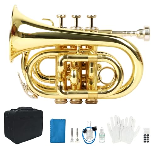 ZEZELIFE Mini Trompeta De Bolsillo Bb Instrumento de Viento, Incluye 2 boquillas, kit de limpieza,...