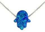 aJudaica Blue Created Opal Hamsa Hand Pendant Necklace with Sterling Silver Chain (16.5)