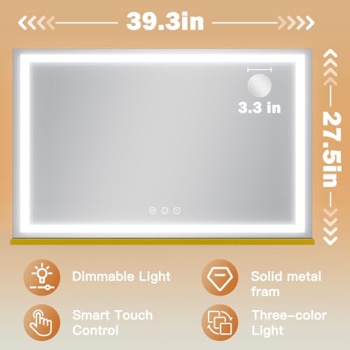 Image of ROLOVE Extra Large Gold Hollywood Vanity Mirror with Lights, 39 inch x 28 inch Makeup Mirror, Luxury Gold Frame, USB Charging Port, 3 Color Dimmable Lighting, 10X Magnifier, Wall Mounted or Tabletop