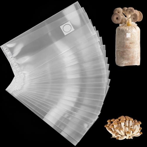 Riisoyu 20 Stück Pilzzucht Beutel, 18 x 35CM Mushroom Spawn Grow Bag mit 0,2-Mikrometer-Atemlöchern Reißfest Stark Transparente Pilze Züchten Beute für Champignons Austernpilze Shiitake-Pilze Körner