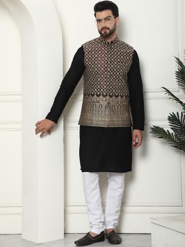 Image of SOJANYA (Since 1958 Men's Cotton Linen Maroon Kurta and White Pyjama with Mustard Cotton Nehru Jacket