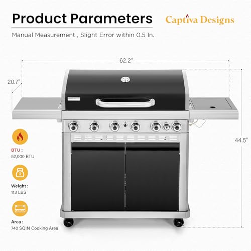 Image of Captiva Designs 6-Burner Propane Gas BBQ Grill with Side Burner & Porcelain-Enameled Cast Iron Grate and Plate for Outdoor Barbucue Events, 52,000 BTU Output,740 SQ.IN. Cooking Area,Heavy Duty