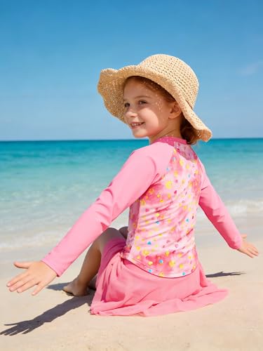 Image of Girls Rash Guard Swimsuit Long Sleeve Bathing Suits with Swim Skirt Shorts Two Piece Sun Protection Swimwear for 3-12 Years