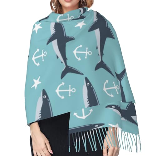 Shark Nautical Funny Anchor Pattern Tassel Scarf, Winter Warm Scarves Shawls Blanket For Women4