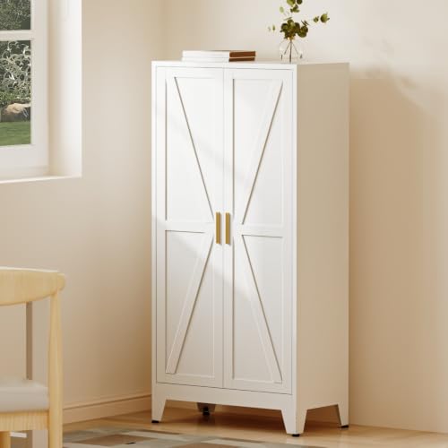Image of Bevivog 61 inch Tall Metal Storage Cabinet with 2 Doors Farmhouse Tall Bathroom Cabinet Freestanding, White Metal Pantry Cabinets for Kitchen, Laundry Room, Home Office