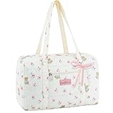 Coquette Bag with Ribbon Pearl Bow - Cute Bear Pattern Travel Bag,Quilted Duffle Bag with Bears for Women Girls,Bear Tote Storage Bags,Coquette Aesthetic,Cartoon Weekend Bags for Travel Trip Work