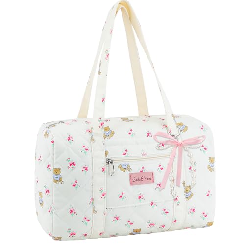 Coquette Bag with Bow Keychain White Pink Floral Travel Duffel Bag for Women Cute Quilted Puffer Bags Shoulder Purse Carry on Bags for Travel Family Trip Christmas Gifts, White, Cute Bear