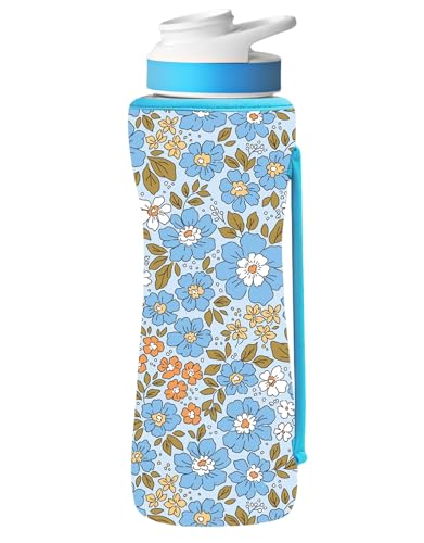 32oz Cute Printed Sleeve Compatible With Cirkul Water Bottle For Plastic And Stainless Steel Bottles 32oz Neoprene Sweat-Wicking Material Insulated Cover Designed With Handles (Blue Flower)