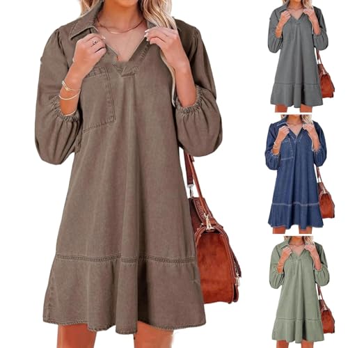 Vestido Vaquero con Capas, Cuello en V y Mangas abullonadas para Mujer, Vestidos Vaqueros con Volantes y Mangas 3/4, Vestido Vaquero Camisero Holgado de Verano con Bolsillos. (Brown,L)