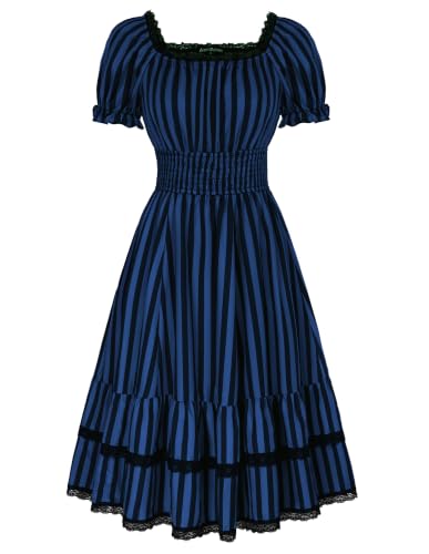 Image of Scarlet Darkness Womens Gothic Pirate Corset A Line Midi Dress with Pockets | Convertible square /off shoulder midi dress with puff short sleeves, stretch smocked waist, side pockets, tiered A-line hem