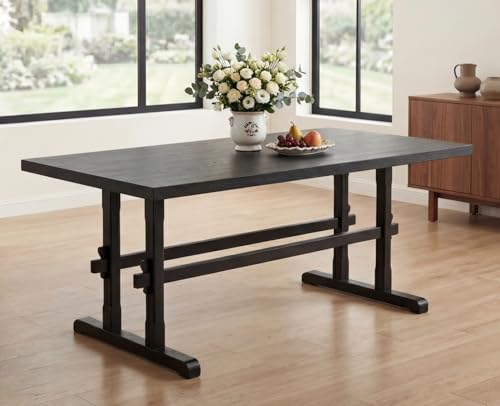 Image of HNY Black Wood Rectangular Dining Table for 4-6 People, Modern Farmhouse Kitchen Table, 70 Inch Large Dinner Table Center Table for Dining Room /Living Room