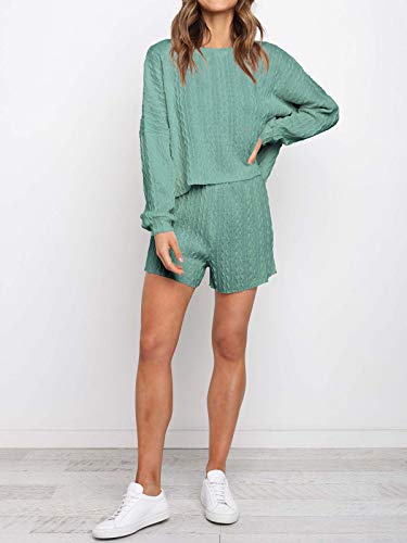 Faroro Women'S 2 Piece Knit Outfits Casual Long Sleeve Tops And Shorts Pajama Set Pullover Loungewear Sets Green thumb #1