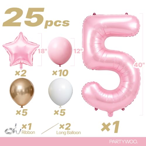 Image of PartyWoo Baby Pink Number 5 Balloon 40 Inch 25pcs Pink Foil Star White Gold | Foil Number Large Gaint Jumbo Balloons for Birthday Baby Shower Princess Wedding Anniversary Girl Women Party Decorations