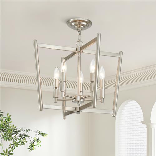 peskoe 20" Brushed Nickel Geometric Ceiling Light and Pendant Dual-Use Light 6-Light Dining Room Light Fixture Over Table Modern Farmhouse Chandeliers for Kitchen Island Living Room Entryway Light