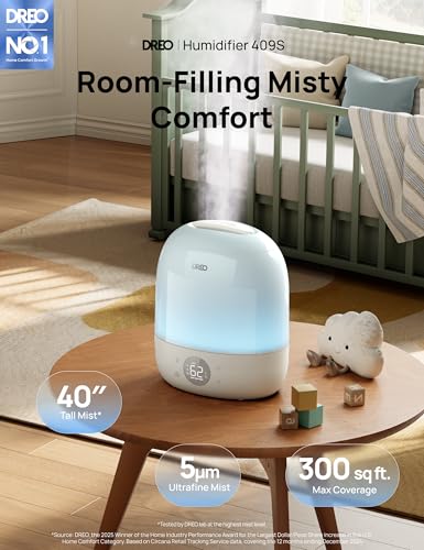 Image of DREO Humidifiers for Bedroom - 30H Max Runtime & RGB Night Light & Sleep Trainer, Ultra Quiet 28dB Cool Mist Humidifier, Top Fill Smart Air Humidifier for Plants, Perfect for Baby & Nursery, HM409S