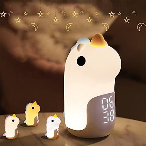 Woukksy Kinder Wecker mit Licht, Kinderwecker mit Cute Einhorn Lichtwecker, Snooze Funktion, Wiederaufladbar Nachtlicht Dimmbar, Touch Control, Geschenk für Kinder Mädchen Jungen - Blau Cover