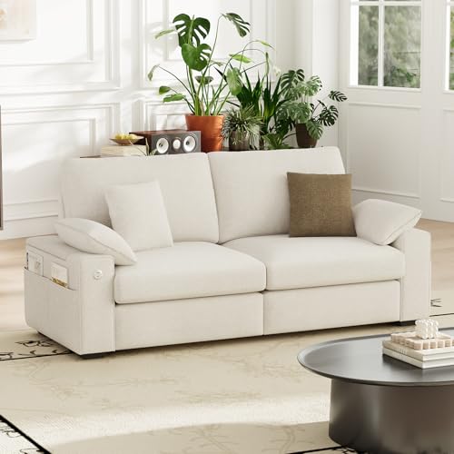 Image of MALOL 76 inch Loveseat Couch, 3 Seater Upholstered Midcentury Mondern Love Seat with USB Type C Ports, 4 Pillows and Storage Armrest Cloud Foam Sofa for Living Room /Small Spaces, Beige | Breathable material