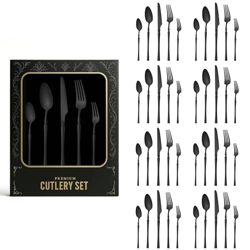Image of aDai Mirror Finish 40-Piece Korean Vintage Style Flatware Set with Gift Box | Dishwasher Safe Stainless Steel Cutlery for Home, Restaurant & Gifting (Black)