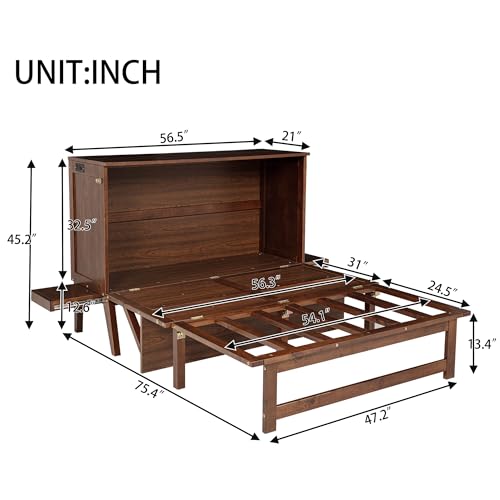 KEIKI Full Size Murphy Bed Cabinet - Pine Folding Bed with USB Charging, Removable Shelves & Desktop, Converts to Cabinet (Mattress Not Included), Walnut