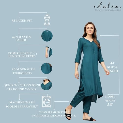 Image of idaLia Rayon Solid Straight Kurta with Pant Set - Women Kurta Set for Wedding, Formal Occasions - 3 /4 Sleeve, Calf Length, Round V Neck, Fusion Wear