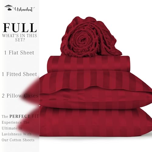 URBANHUT 800 Thread Count Egyptian Cotton Damask Striped Full Size Sheets Set (4 Pc) - Ultra Soft & Smooth, Sateen Weave Full Size Bed Sheets, Luxury Hotel Sheets with 16" Deep Pocket - Burgundy
